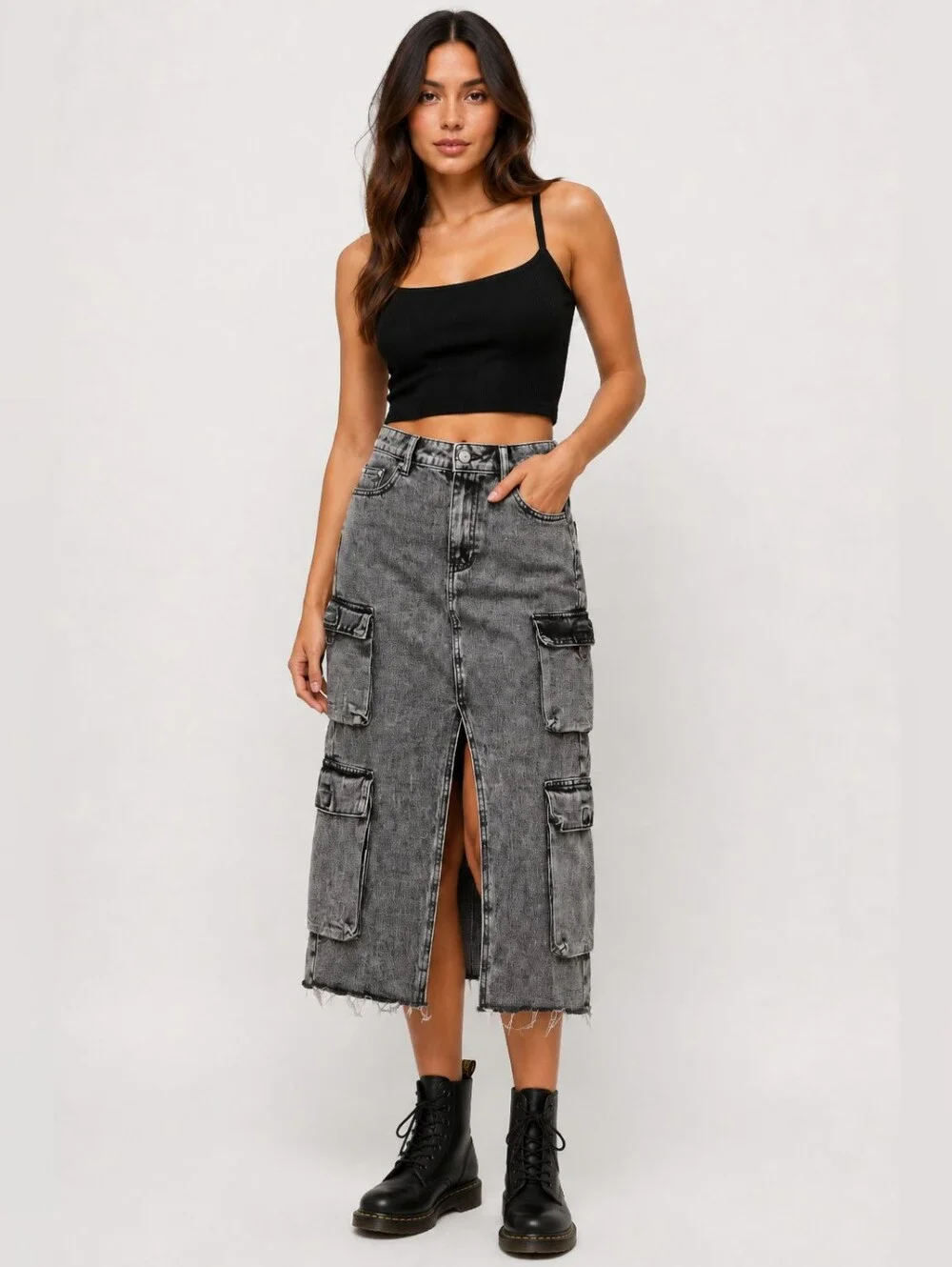 True Religion Vintage Charcoal Wash Cargo Denim Midi Slit Skirt Size 24